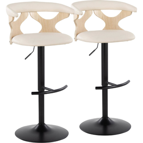 Gardenia Adjustable Swivel Bar Stool in Natural Wood, Black Metal & Cream Leatherette (Set of 2)